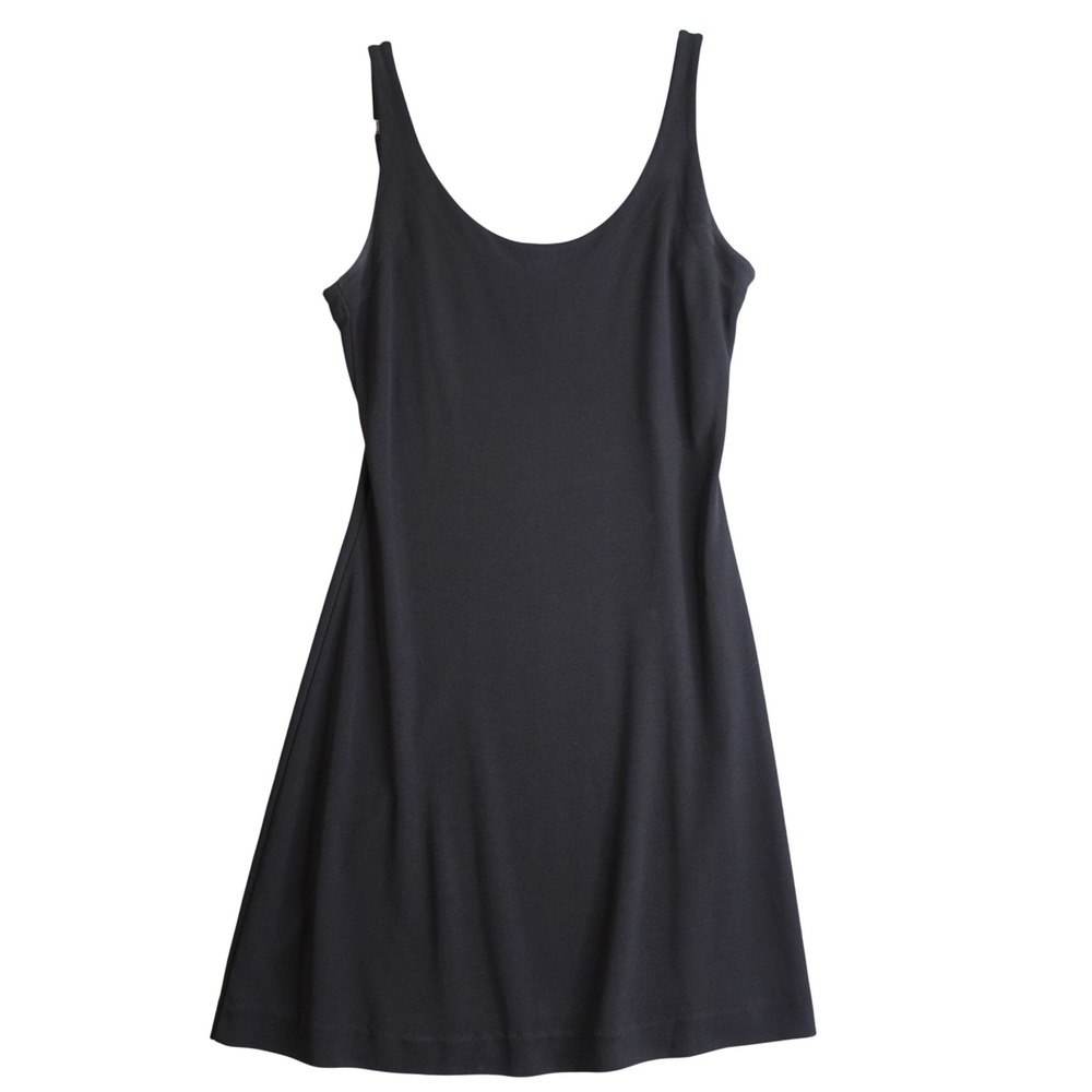 Vintage 90s Minimalist DKNY Mini Dress S Black Rayon Sleeveless Scoop Neck Chic